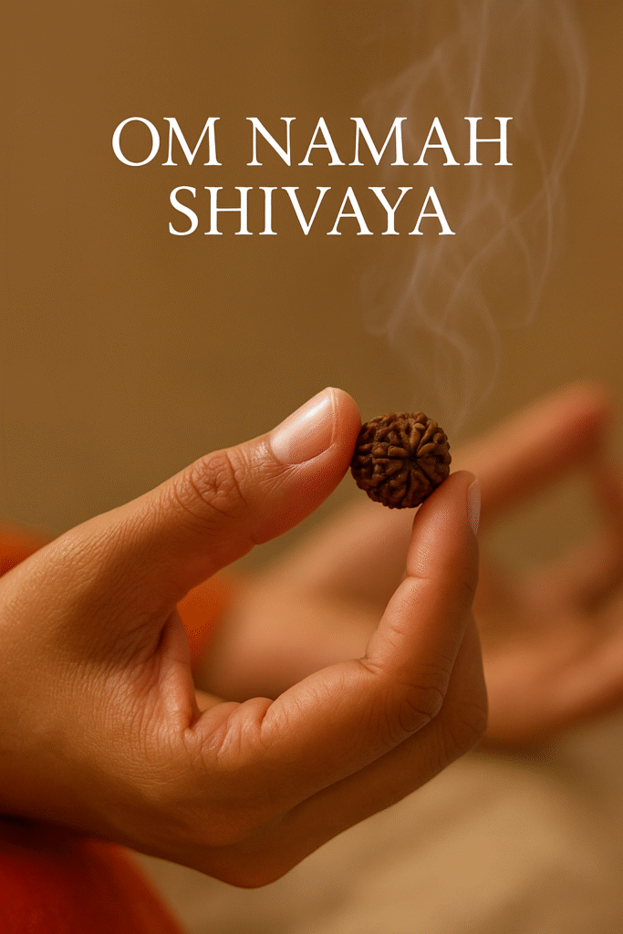 Energizing A Rudraksha Bead Ritual A hand holding a single rudraksha bead and performs the energizing process. Rudraksha for the first time.