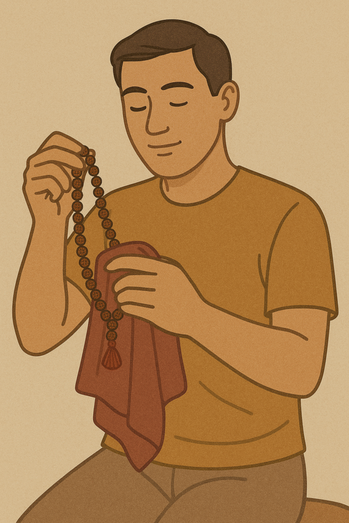 How Should You Protect The Rudraksha Mala From Damage A man wiping his rudraksha mala dry with a cloth