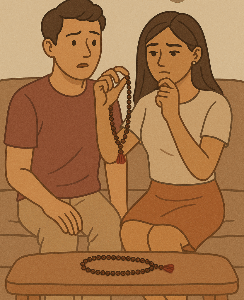 Is It Safe To Wear A Rudraksha Mala While Making Love A couple, seated on a sofa, wondering whether they should wear their rudraksha malas during intimacy