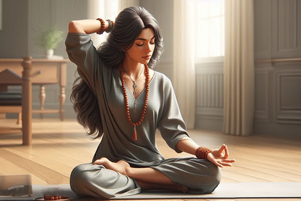 One Of The Myths About Rudraksha Malas Is That Women Cant Wear Them A woman meditating, wearing a rudraksha mala
