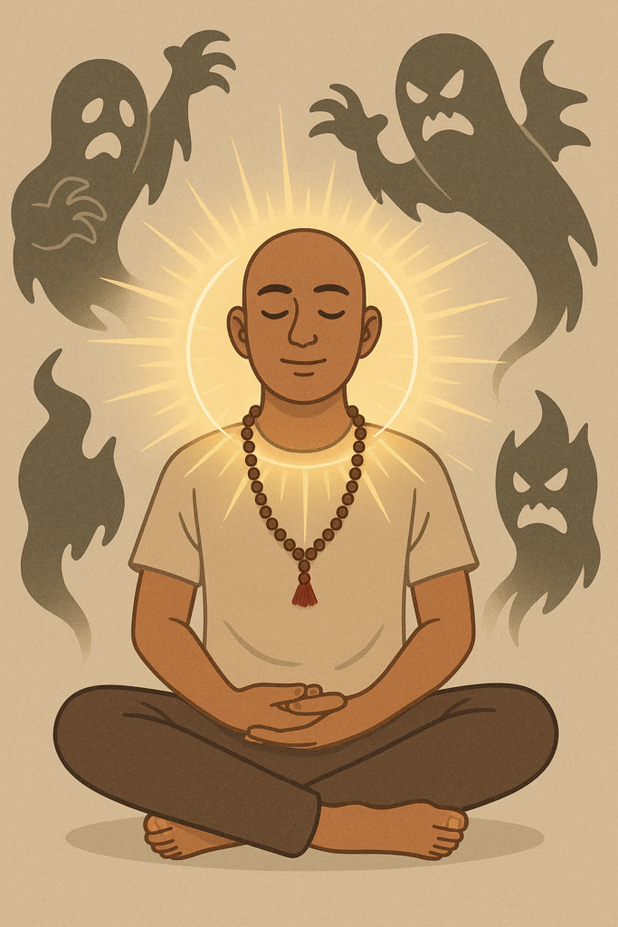 Rudraksha Mala Protects Us From Negativity A man meditating wearing a rudraksha mala, while it wards off negative energies