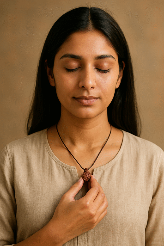 Woman Wearing Rudraksha For The First Time Woman wearing a rudraksha for the first time.